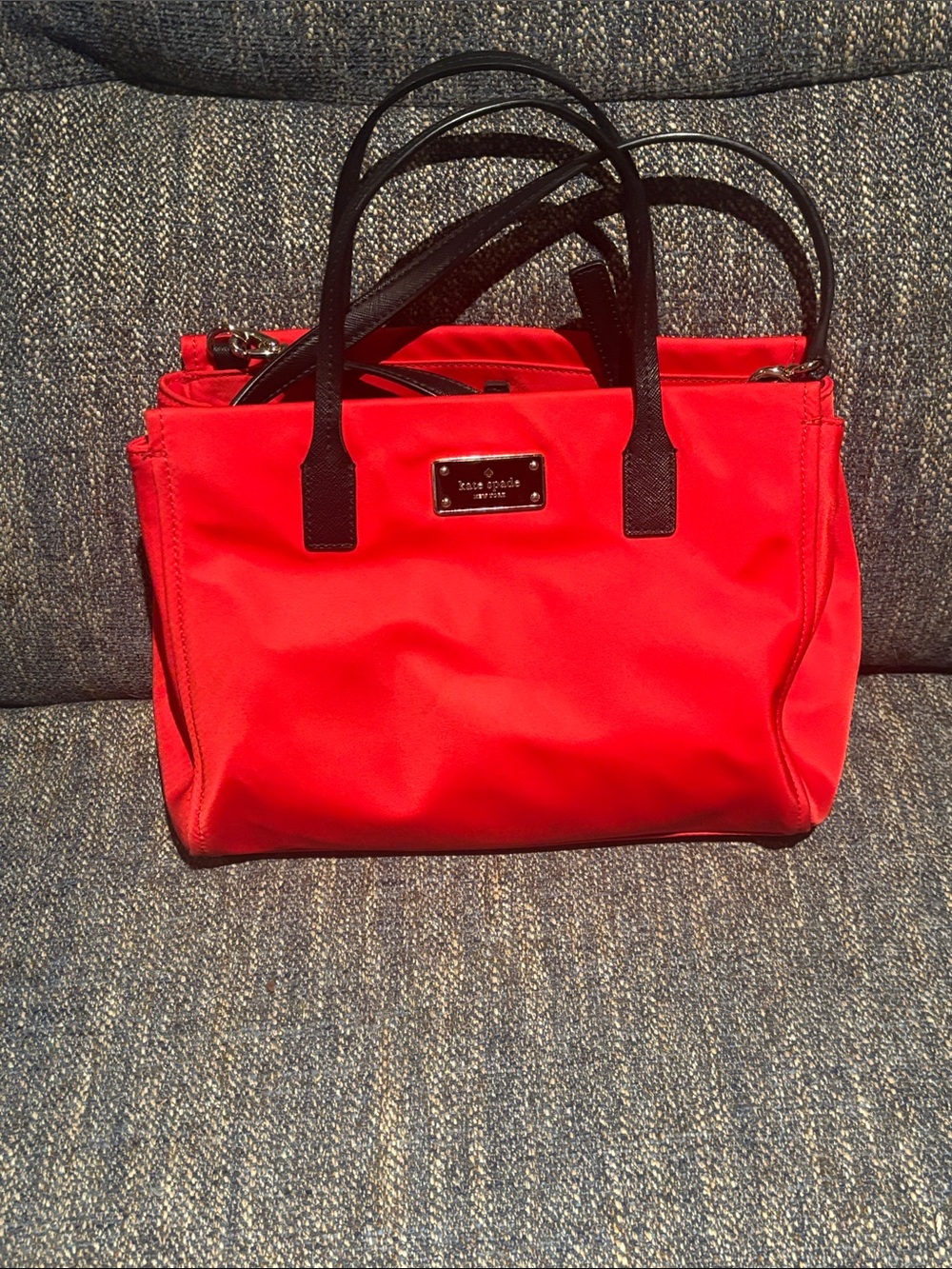 kate spade red tote with black handles
